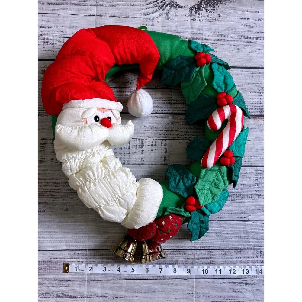 VTG Christmas Santa Claus Plush Wreath with Bells and Candy Cane Decor